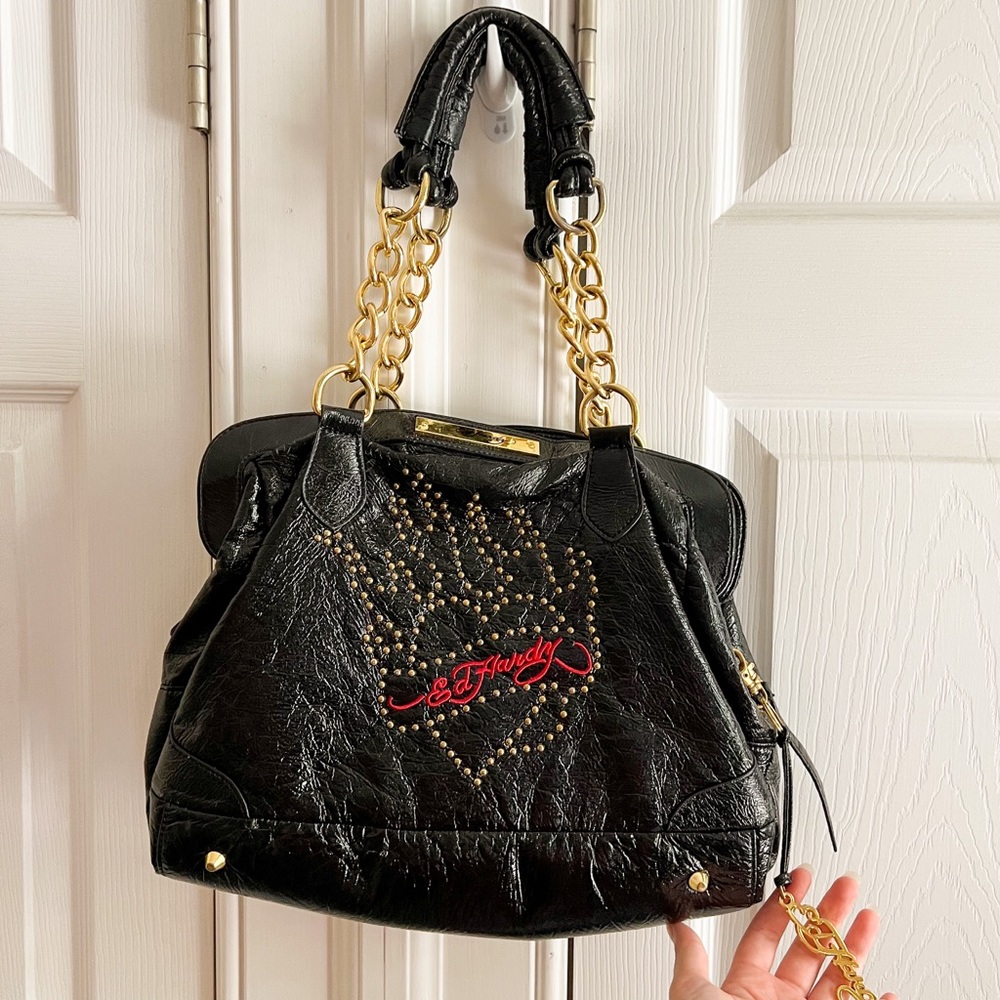 Ed Hardy ❤️‍🔥🖤❤️ Black Shiny Handbag, Gold Hardware Grunge / Y2K Vibes, Heart